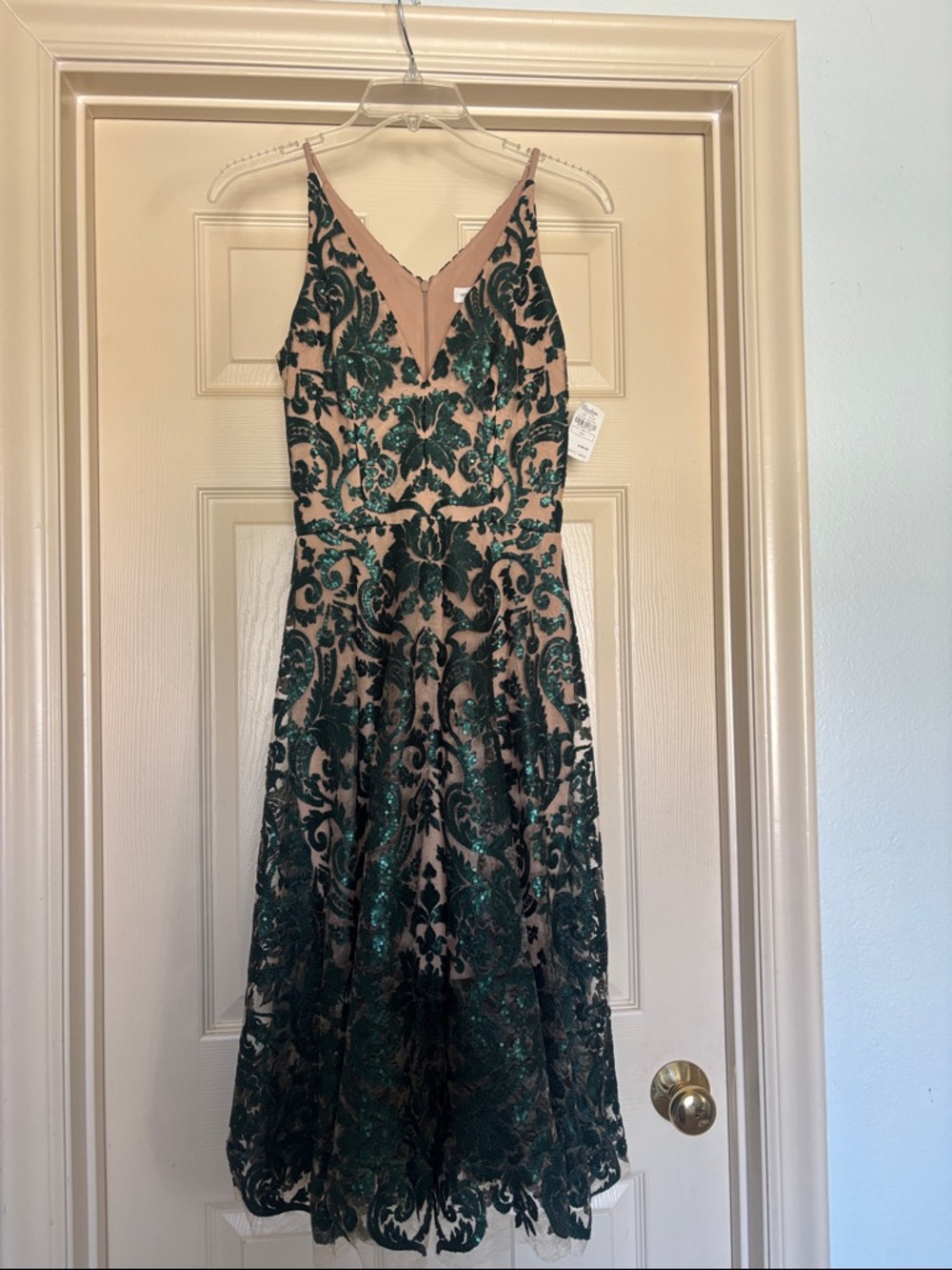 NWT Dress the Population Green Sequin lace overlay midi dress size XS